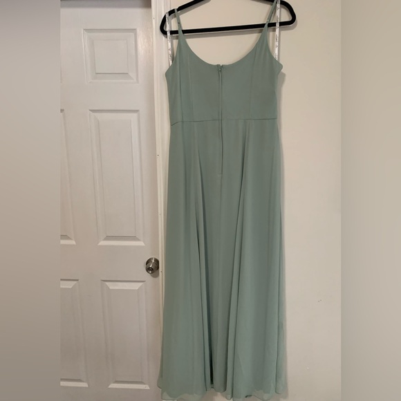 David’s bridal dusty sage cowl neck chiffon dress with slit - Picture 3 of 6